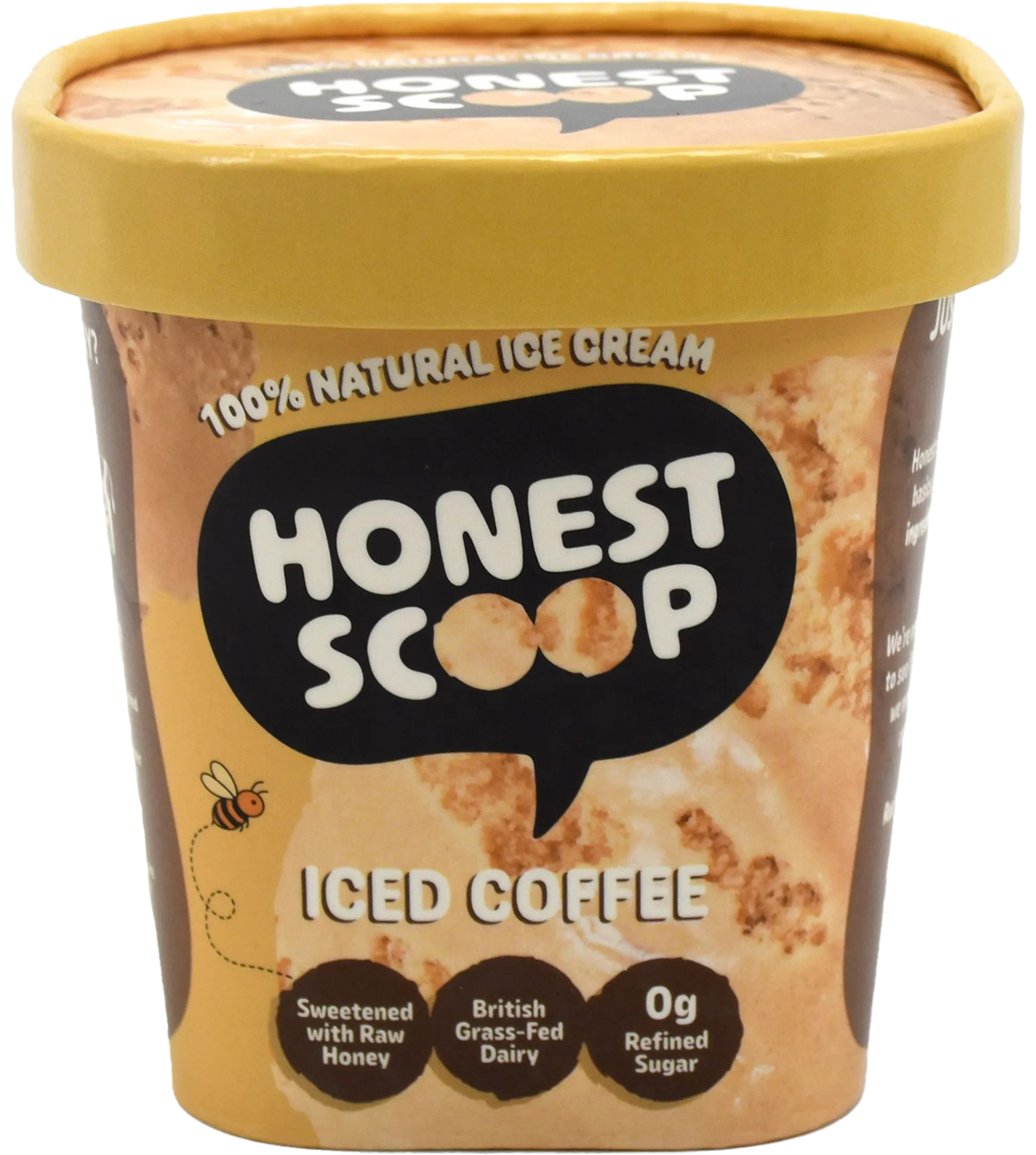 Honest Scoop Iced Coffee ice cream tub with light brown lid and label.