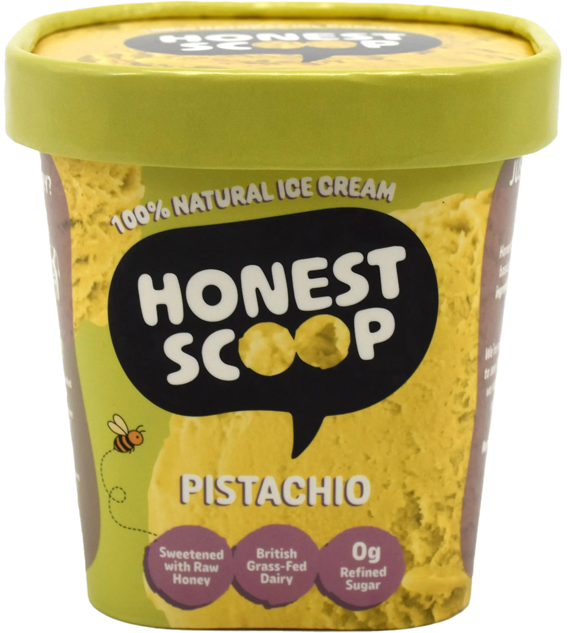 Honest Scoop Pistachio ice cream tub with green lid and label.