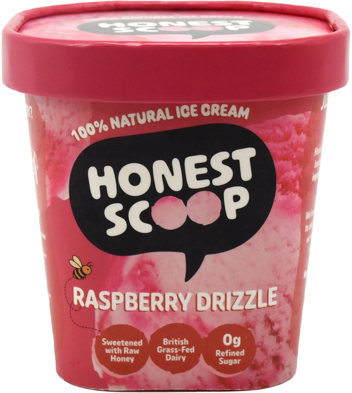 Honest Scoop Raspberry Drizzle ice cream tub with pink lid and label.