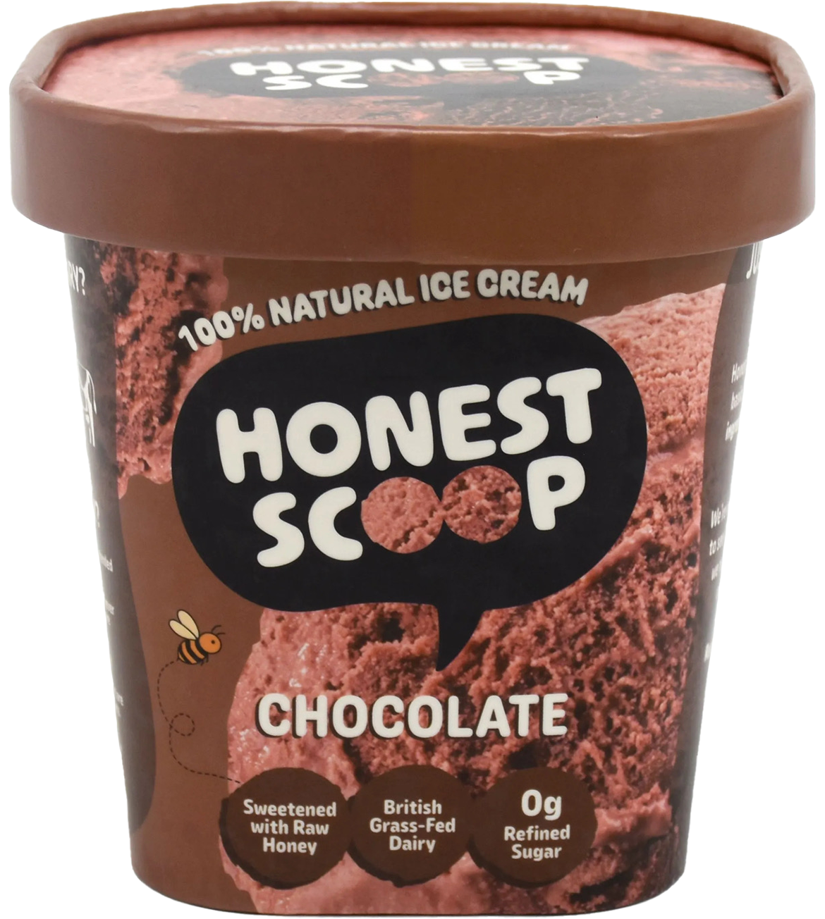 Honest Scoop Chocolate ice cream tub with brown lid and label.