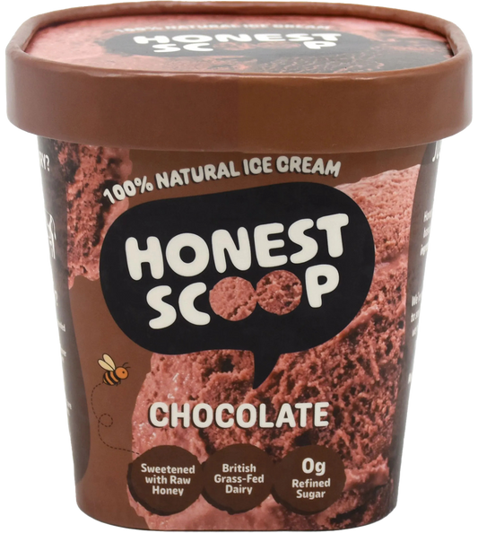Honest Scoop Chocolate ice cream tub with brown lid and label.