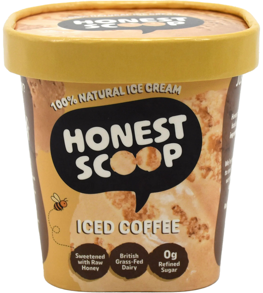 Honest Scoop Iced Coffee ice cream tub with light brown lid and label.