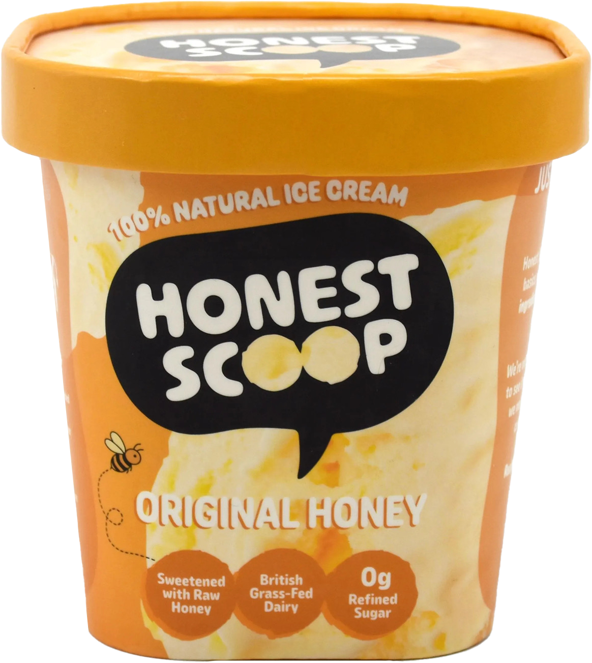 Honest Scoop Original Honey ice cream tub with orange lid and label.