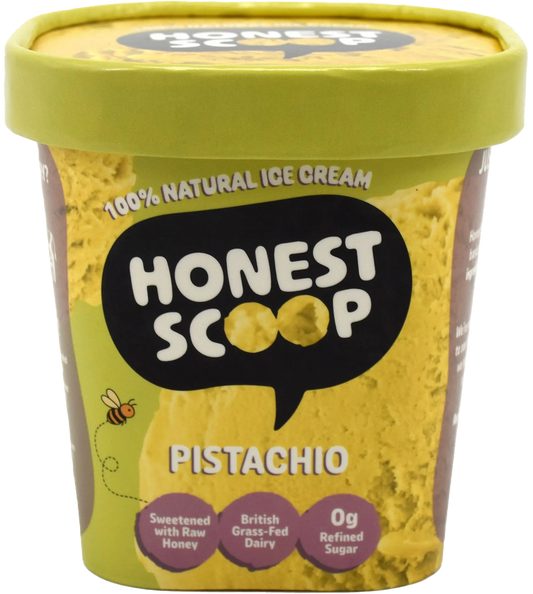 Honest Scoop Pistachio ice cream tub with green lid and label.