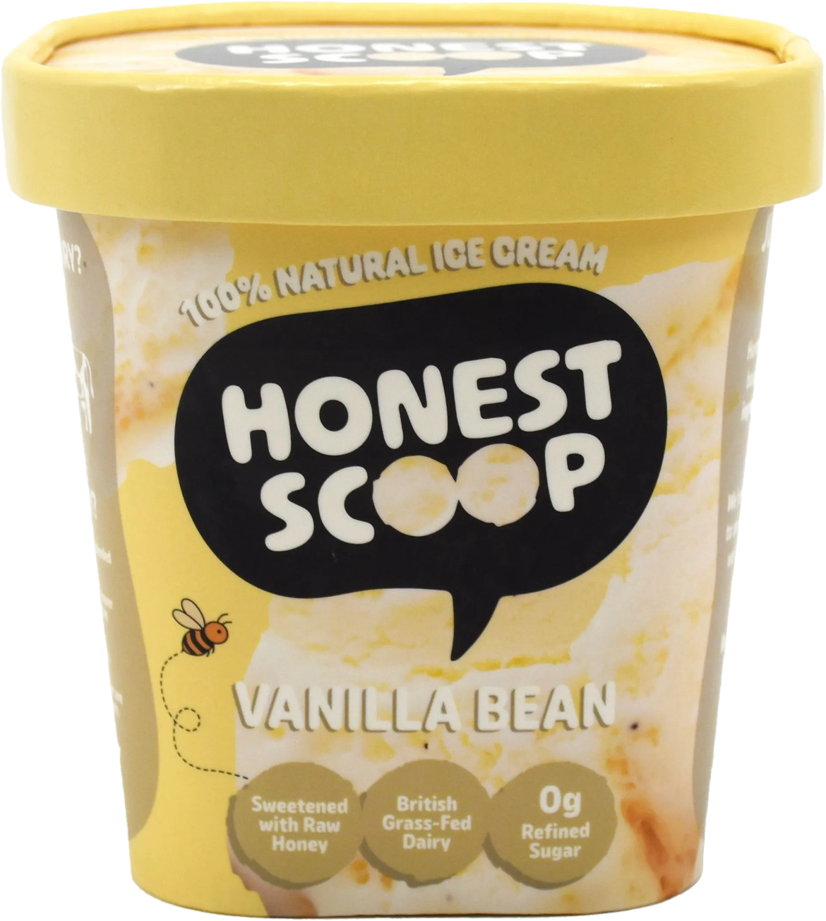 Honest Scoop Vanilla Bean ice cream tub with cream lid and label.