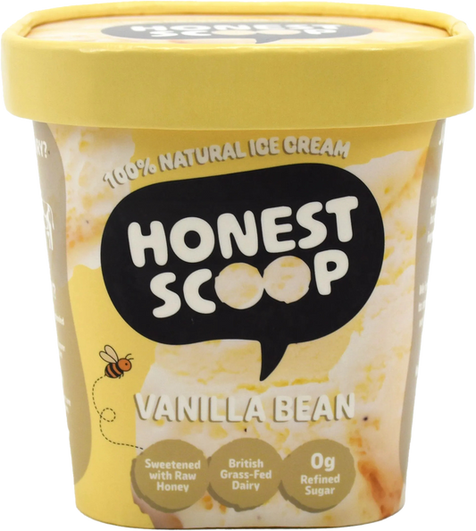Honest Scoop Vanilla Bean ice cream tub with cream lid and label.
