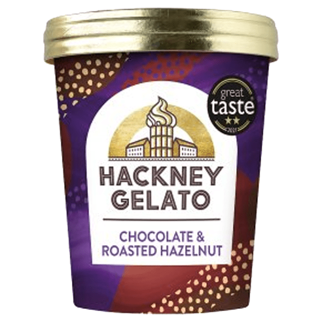 Hackney Gelato chocolate and roasted hazelnut tub with gold lid and a purple  and burgundy label