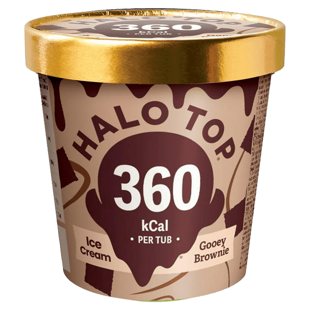 Halo Top Gooey Brownie ice cream tub with gold lid