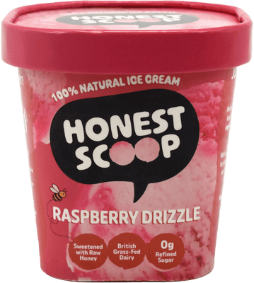 Honest Scoop Raspberry Drizzle ice cream tub with pink lid and label.