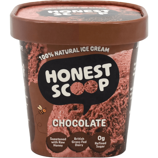 Honest Scoop Chocolate ice cream tub with brown lid and label