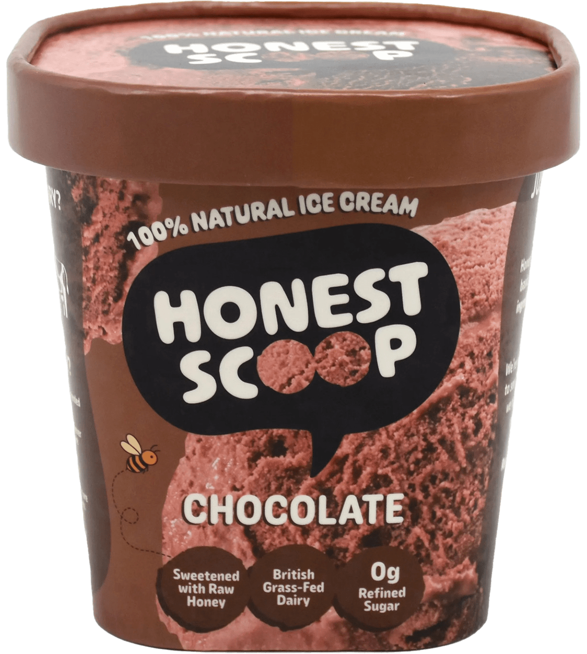 Honest Scoop Chocolate ice cream tub with brown lid and label.