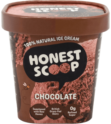 Honest Scoop Chocolate ice cream tub with brown lid and label.