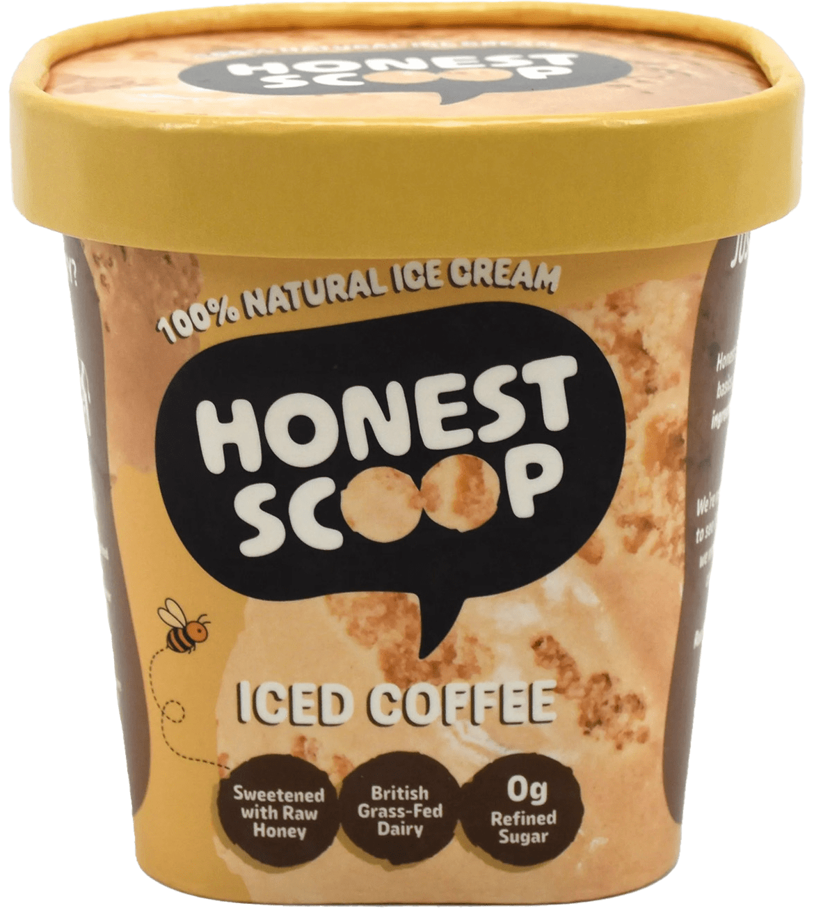 Honest Scoop Iced Coffee ice cream tub with light brown lid and label.