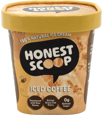 Honest Scoop Iced Coffee ice cream tub with light brown lid and label.