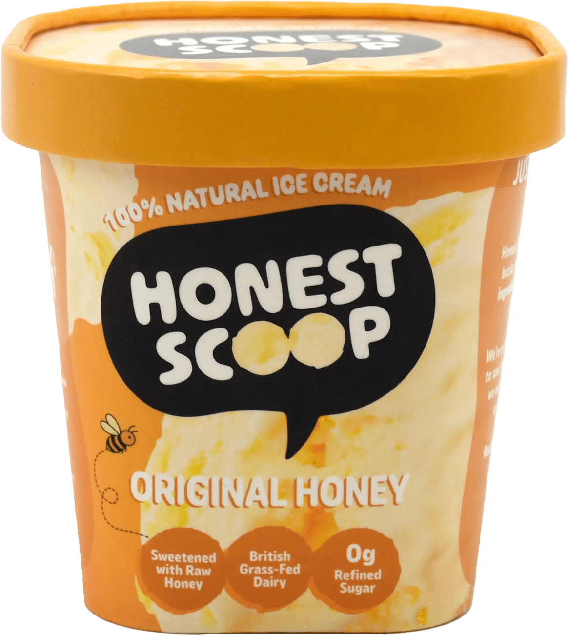 Honest Scoop Original Honey ice cream tub with orange lid and label.