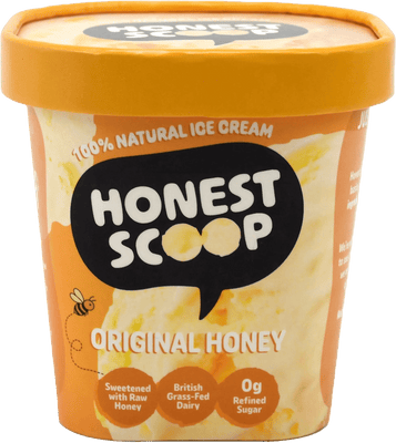 Honest Scoop Original Honey ice cream tub with orange lid and label.