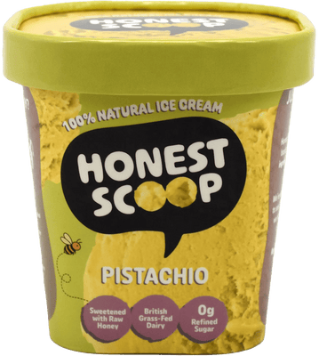 Honest Scoop Pistachio ice cream tub with green lid and label.