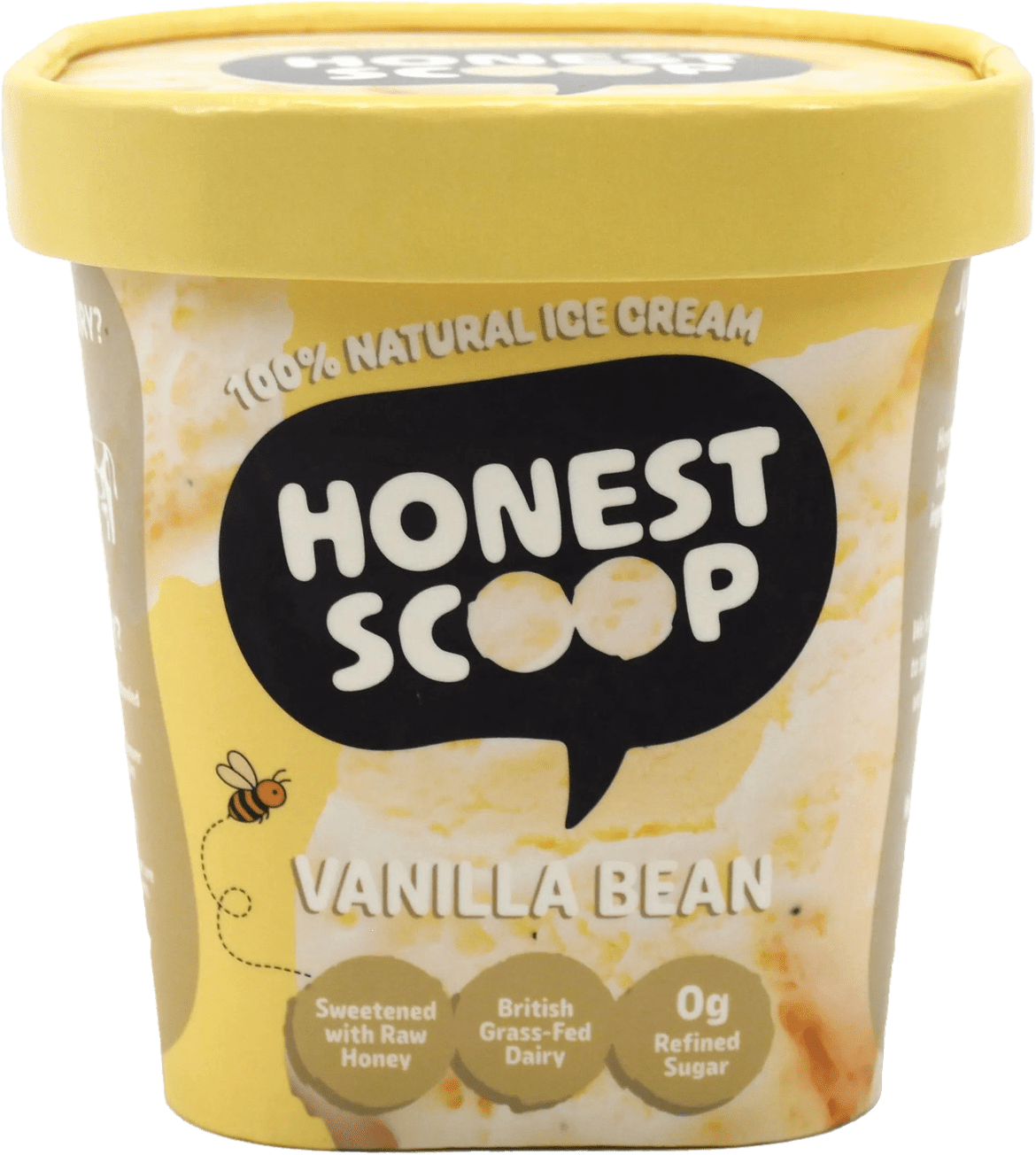Honest Scoop Vanilla Bean ice cream tub with cream lid and label.