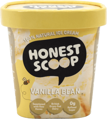 Honest Scoop Vanilla Bean ice cream tub with cream lid and label.